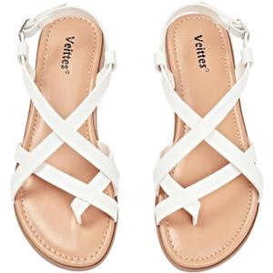 Veittes Women's Gladiator Flat Sandals - Casual Criss Cross Ankle Strap Design, Round Toe, Comfortable Rubber Sole, lightweight Summer Beach Toe Ring Thong Sandals (9, White)