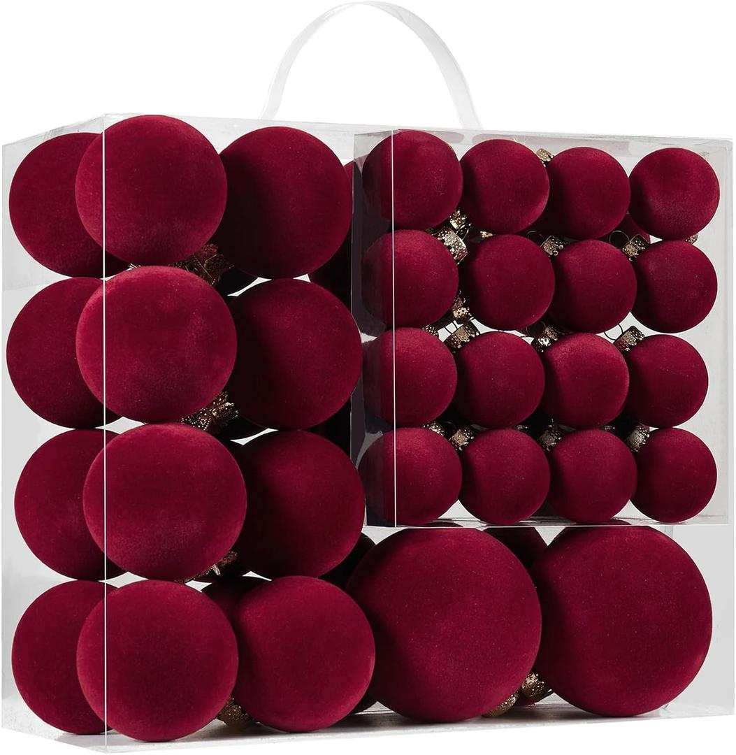 Velvet Christmas Ball Ornaments Set-46pcs Flocked Shatterproof Christmas Tree Decorations Plastic Xmas Decorative Hanging Ornaments for Xmas Holiday Home Decor,3 Sizes (Burgundy)