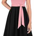 VFSHOW Womens 2025 Summer Work Business Midi Dresses Belted Pockets Office Slimming A-Line Fit and Flare Dress (Black and Pink, X-Large)