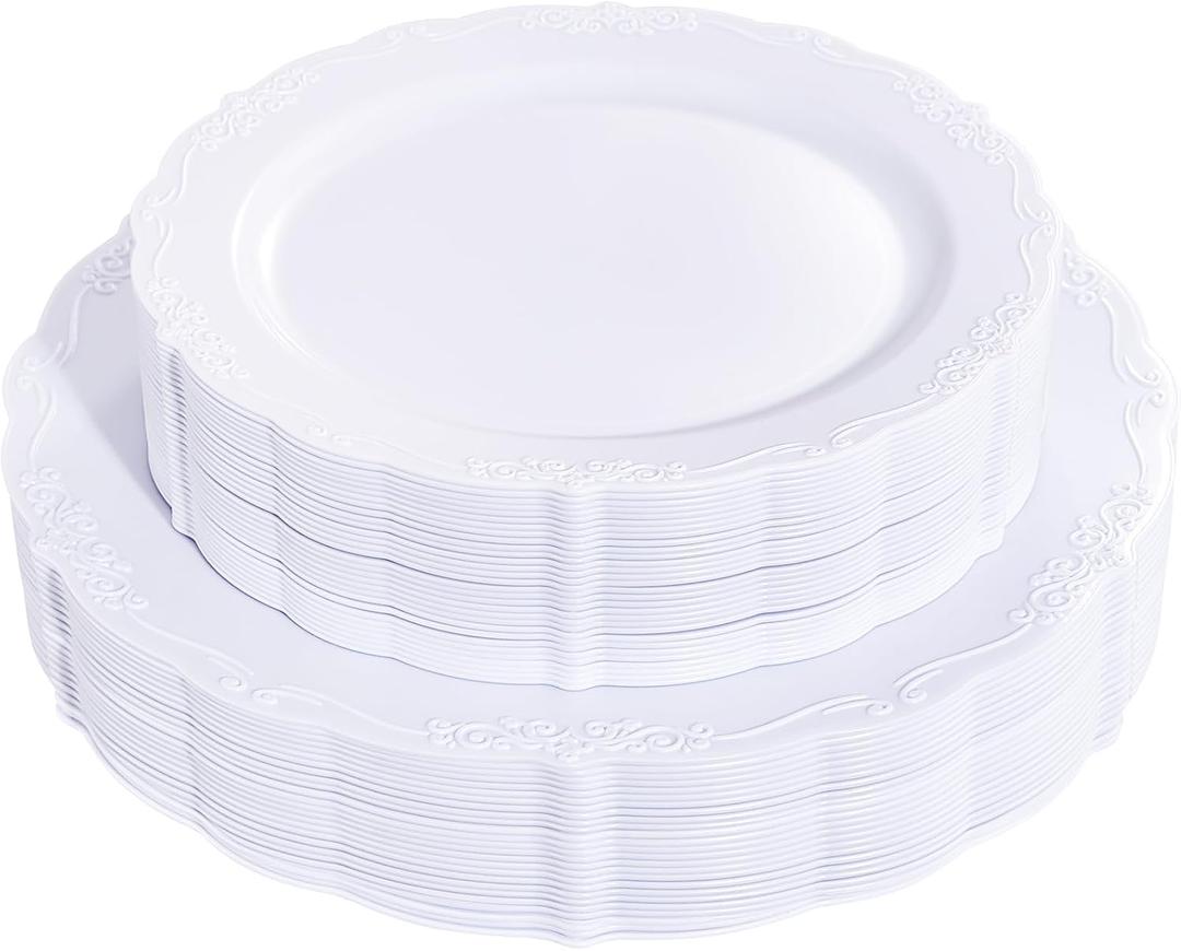 U-QE 60PCS White-Plastic-Plates for Party - High End Disposable Plates for Weddings - White Plates Disposable Heavy Duty Including 30PCS 10.25'' Dinner Plates & 30PCS 7.5'' Dessert Plates