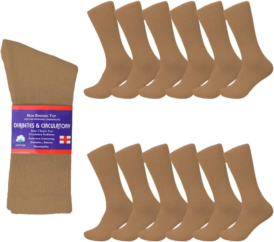 Diamond Star Diabetic Socks, Non-Binding Circulatory Cushion Cotton Crew Diabetic Socks for Men Women (Medium, 12 Pairs Khaki)