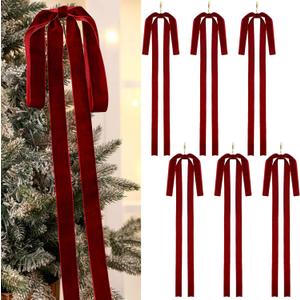 Janinka 6 Pcs Burgundy Long Velvet Bow Ornaments Christmas Swag 23.5x15.5 Inch Vintage Large Christmas Bows for Xmas Tree, Wreath, Garland, Swag, Staircase, Fireplace, Door (Wine Red)