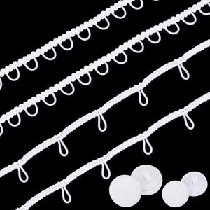 CABODYALS 2 Pcs 9 Yards White Elastic Braid Fringe Tassel Buttonhole Loops Trim Ribbon with 40Pcs Cloth Fabric Covered Buttons for Sewing Making Bridal Wedding Dress Clothes Decor DIY Craft Supply