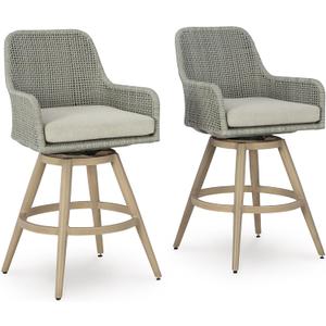 Signature Design by Ashley Seton Creek Casual Nuvella Weather Resistant Fabric, Resin Wicker Swivel Outdoor Bar Height Bar Stool with Cushion, Footrest and Armrest, Set of 2, Beige & Light Gray