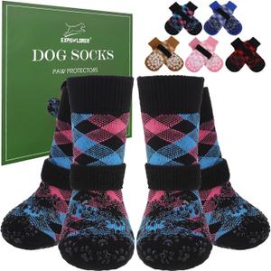 EXPAWLORER Dog Socks for Cold Winter Snow to Prevent Licking Paws, Anti Slip Doggie Booties Grippy Shoes for Hardwood Floors, Boots & Paw Protectors for Small Medium Large Senior Dogs Pink Blue S
