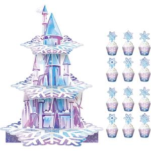 3-Tier Snowflake Party Cake Stand,Blue-Purple Ice Castle Design 12 Cupcake wrappers and 12 Cake Toppers For Girl Birthday Baby Shower Winter Princess Party Favor