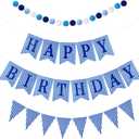 Set of 4 Blue Gingham Happy Birthday Banner Plaid Checkered Pennant Banner Decorations Felt Ball Happy 1st Birthday Garland for Gingham Party Supplies