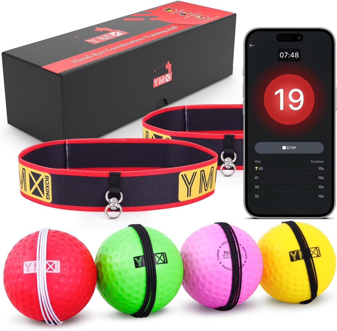 YMX BOXING Ultimate Reflex Ball Set with Counter App - 4 React Reflex Ball Plus 2 Adjustable Headband, Great for Reflex, Timing, Accuracy, Focus & Coordination Training for Boxing, MMA and Krav Mega (Pink/Yellow/Red/Green)