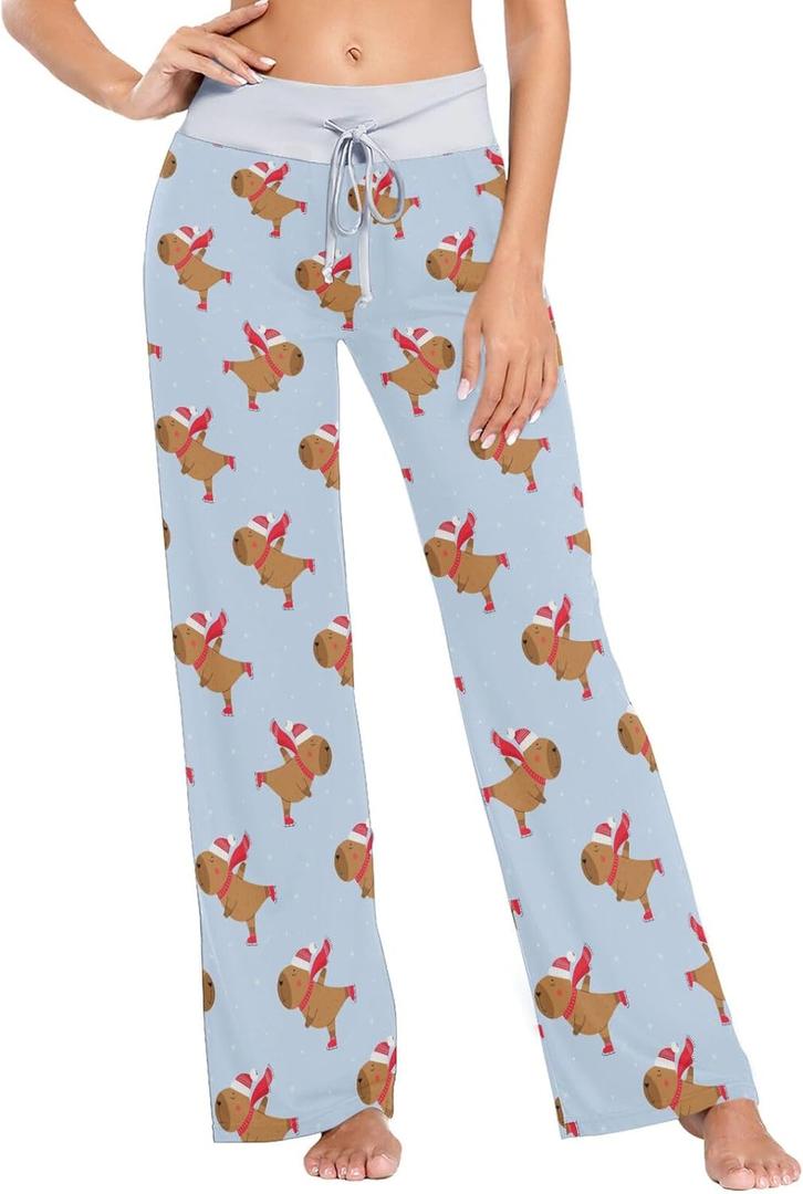 Peystean Trendy Cute Pattern Womens Comfy Lounge Casual Drawstring Girls Pajama Long Pants Girl's Yoga Sleepwear Pjs Bottom (Medium), Multi Xmas Capybaras 