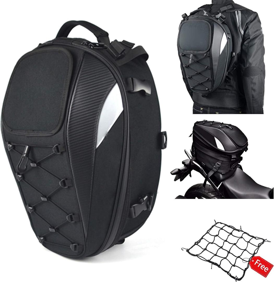 Motorcycle Tail/Seat Bag - Dual Use Waterproof Helmet Bag with Extra Cargo Net