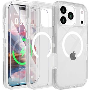 Compatible with iPhone 17 Pro Max Case with Screen Protector, Shockproof, Compatible with MagSafe, 3-Layer Drop Protection, Heavy Duty Magnetic Phone Case Cover, 6.9", Crystal Clear