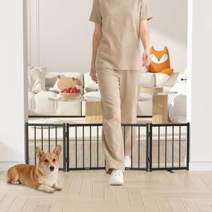 Snuowu 16" Freestanding Short Dog Gate for Small Dogs Foldable & Retractable, Expands Up to 48" Wide, 4-Panel Pet Barrier for Doorways, Stairs & Hallways (Black)