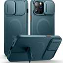 SURITCH for iPhone 13 Pro Max/12 Pro Max Case with Magnetic Camera Slide Cover and Adjustable Kickstand, Compatible with MagSafe, Shockproof Bumper Case Slim Protective Cover 6.7 Inch, Lake Green