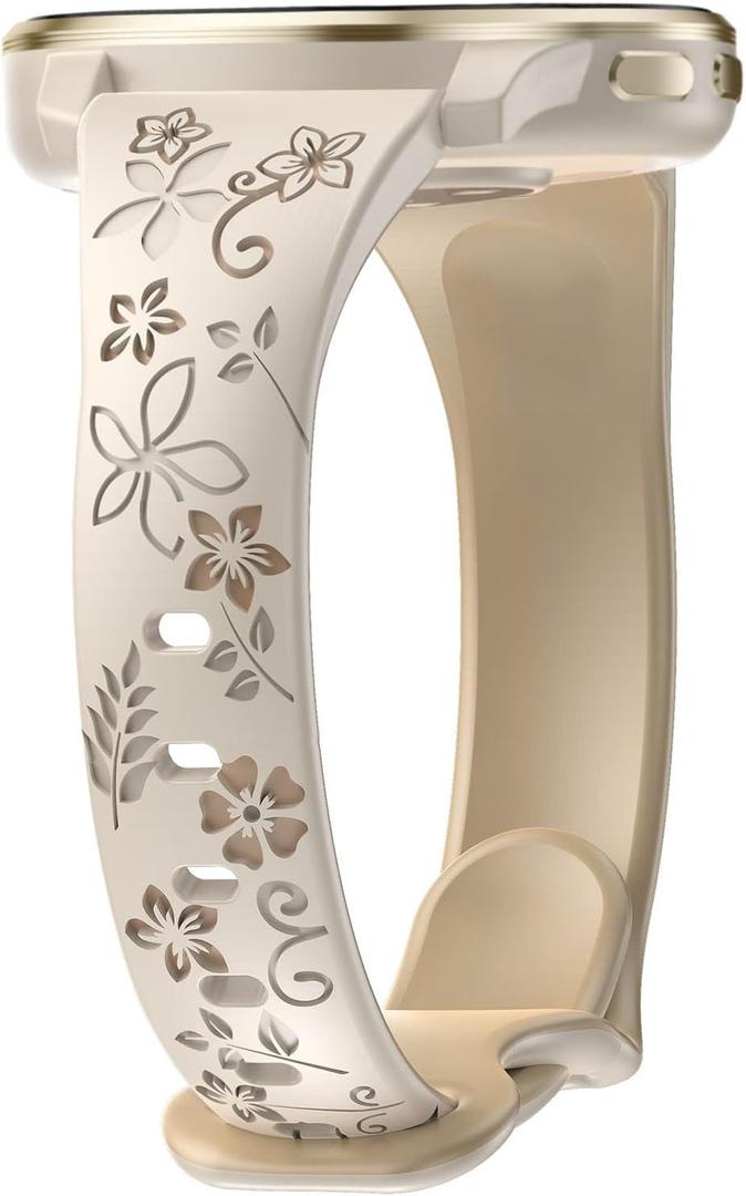 18mm Floral Engraved Slim Silicone Watch Bands Compatible with Garmin Venu 3s/Venu 4 41mm/Vivoactive 4s/ Venu 2s/ Vivomove 3s /Forerunner 255S/265S, Cute Flower Thin Soft Strap Wristband for Women Men