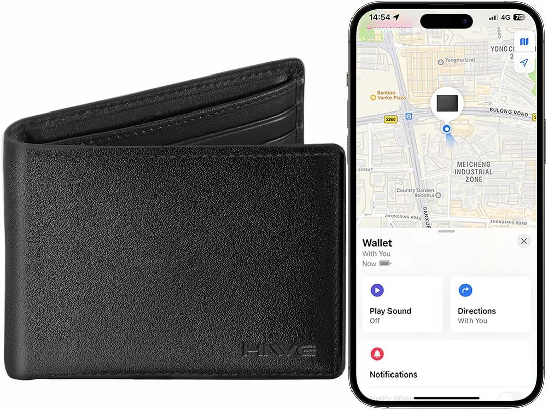HiWe Anti-Lost Bifold Men Wallet with Find My, Vegan Leather, RFID, Original Design, Black