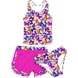 uideazone Girls 3 Piece Bathing Suit Summer UPF 50+ Racerback Swimsuit with Shorts Beach Tankini Sets 8-16 Years (10-11 Years, A1-butterfly)