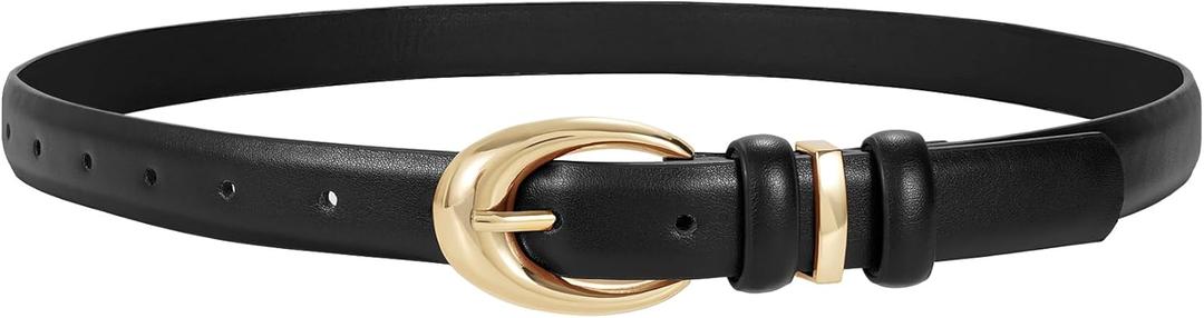 Women Leather Belt for Jeans Pants Fashion Ladies Skinny Faux Leather Dress belt with Gold Buckle (Fit Waist Size 27"-31", Black)