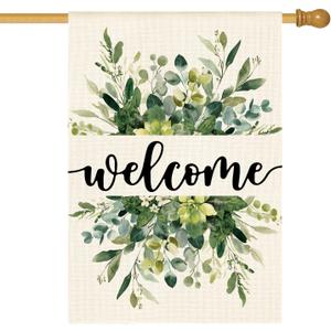 AVOIN colorlife Spring Summer Floral Welcome House Flag 28x40 Inch Double Sided Outside, Eucalyptus Seasonal Farmhouse Yard Outdoor Flag