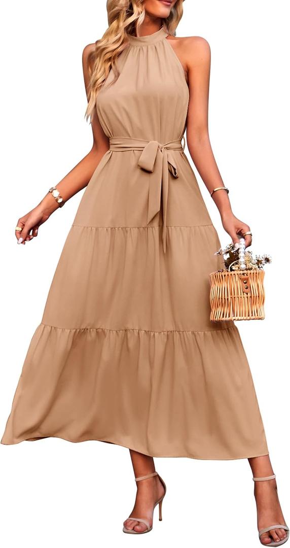 PRETTYGARDEN Women's Summer Floral Maxi Sun Dress Sleeveless Halter Neck Flowy Ruffle Hem Long Boho Dresses with Belt 
(Solid Apricot, Small)