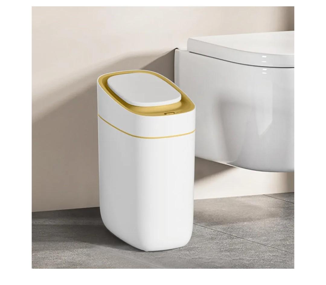 ELPHECO Slim Bathroom Trash Can with Lid, 2.5 Gallon Automatic Adsorption Garbage Can, Sensor Trash Bin, Slim Waterproof Garbage Can, Smart Waste Bin for Narrow Space, Bag SelfAbsorbing, Golden