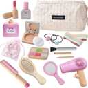 Wooden Makeup Toy Set for Toddler,Kids Pretend Play,Children Role Play Toys,Fake Cosmetics Salon Toys,Princess Dressup Accessories with Bag Birthday Gift for Girls 3 4 5 6