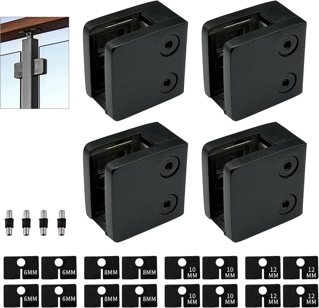 Glass Clamp - 4PCS,for 1/4 "-1/2 "6mm-12mm Tempered Glass, Stainless Steel 304 Flat Back Square Casting- Black for Indoor/Outdoor Balustrade, Stair Handrail (LIUCHONGYANG99)
