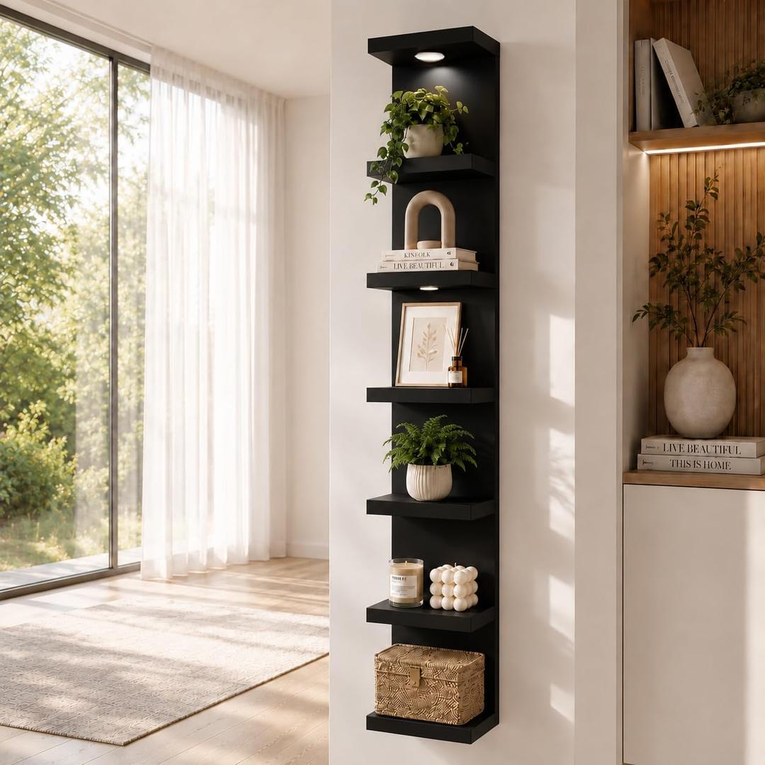 7 Tier Floating Wall Shelf with Lights, Tall Display Lack Shelf, Black, 9.85 x 9.3 x 77 inches