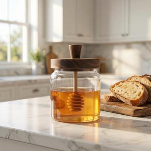 Honey Jar Set with Wooden Spoon - 17 oz Glass Honey Pot Container, Lid & Drip Catcher - Kitchen Countertop Storage for Honey, Syrup, Jam (5.4 x 3.7 x 3.7 Inches)