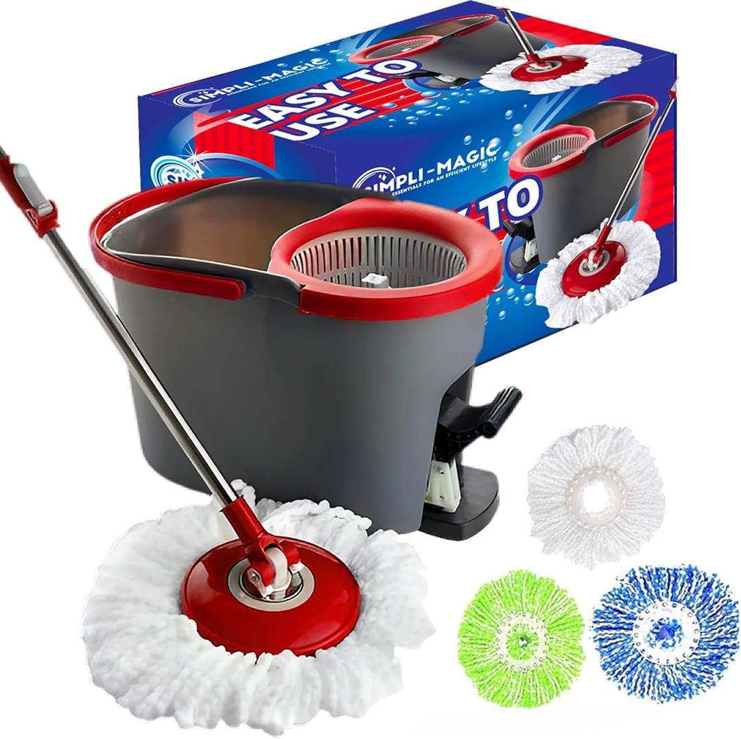SIMPLI-MAGIC 79349 Spin Mop Cleaning System with 3 Microfiber Mop Heads, Red/GRAY, Red/Black