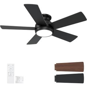 42 Inch Black Ceiling Fans with Lights and Remote, LED Low Profile Flush Mount Ceiling Fan for Bedroom, Living Room, Patio, Quiet DC Motor, 5 Blades