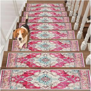 Edging Stair Treads Non-Slip Carpet Mat, 30in X 8in Indoor Stair Runners for Wooden Steps, Rubber Backing Stair Rugs for Kids Elders and Pets(Pink,15PCS)