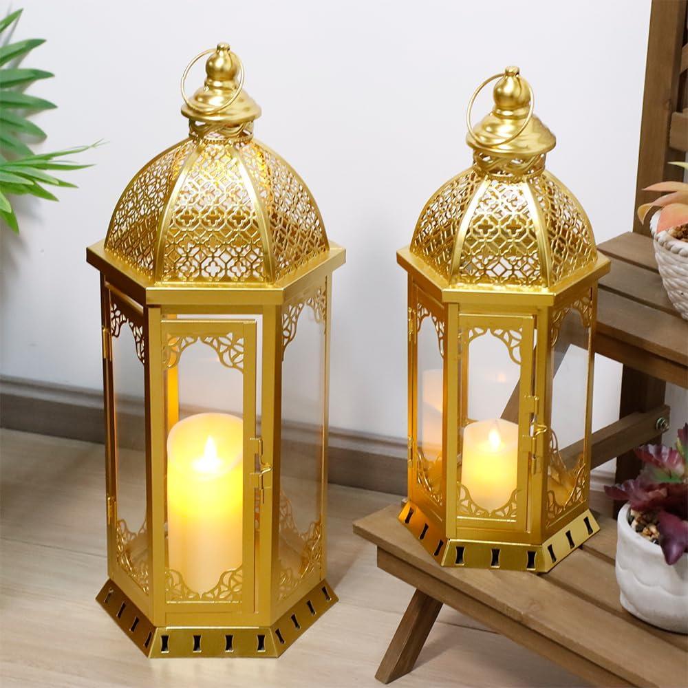 JHY DESIGN Set of 2 Outdoor Candle Lanterns 22"&17" H Decorative Vintage Metal Candle Holders for Garden Porch Indoor Outdoor Parties Weddings Patio Home Decor(Gold)