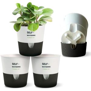 5/6.5/7.5 Inch Self Watering Pots for Indoor/Outdoor ,4 Pack plastic Planters for Indoor Plants with Drainage Holes and Saucers, Modern Decorative Flower Pot for Plants (White, 7.5-Inch, 4-Pack)