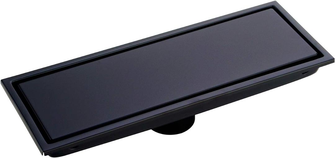 304 Stainless Steel Linear Shower Floor Drain with Tile Insert Grate Removable Cover 12 inch Long Rectangle, Matte Black Plated Finish