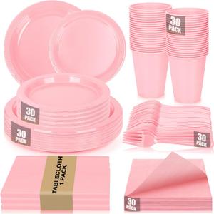 Pink Plastic Plates for Party,30 Guest Disposable Plastic Plates Set 9" Plates,7" Dessert Plate,Napkins,Cups,Forks & Tablecloth for Birthday Wedding Baby Shower,Girlfriends Tea Party