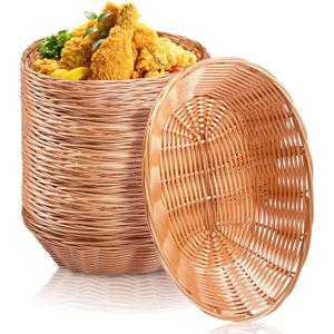 12 Pack Plastic Oval Basket Small Gift Baskets, Food Storage Basket & Fruit Basket, 10 x 5.8 x 2.75 Inches with Bow Ribbon Decorative Bags Ties for Sweets Party Favors Bulk Packaging