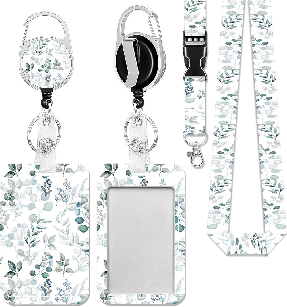 Id Badge Holder with Lanyard,Eucalyptus and Green Leaves Badge Reel Heavy Duty with Retractable Clip,Name Tag for Office Nurse Teacher Student Women Men