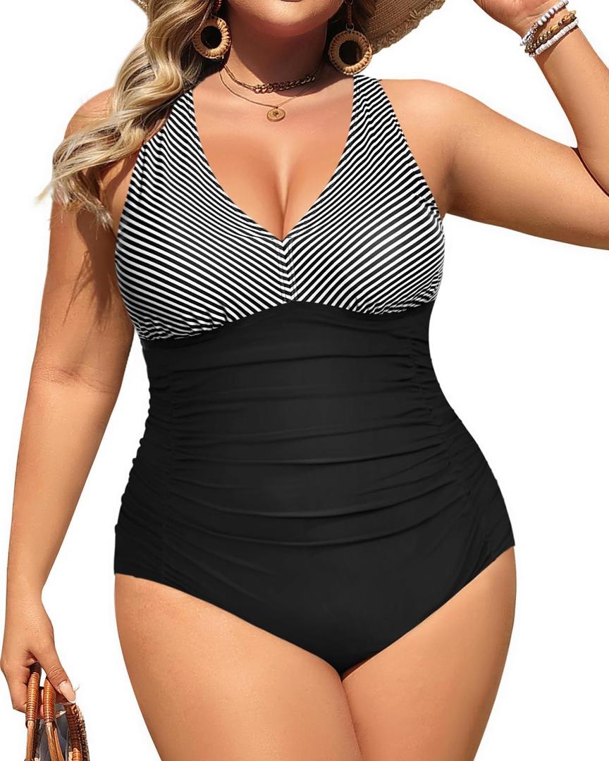 Aqua Eve Women Plus Size One Piece Swimsuits V Neck Tummy Control Bathing Suits Retro Ruched Swimwear Striped 14 Plus
