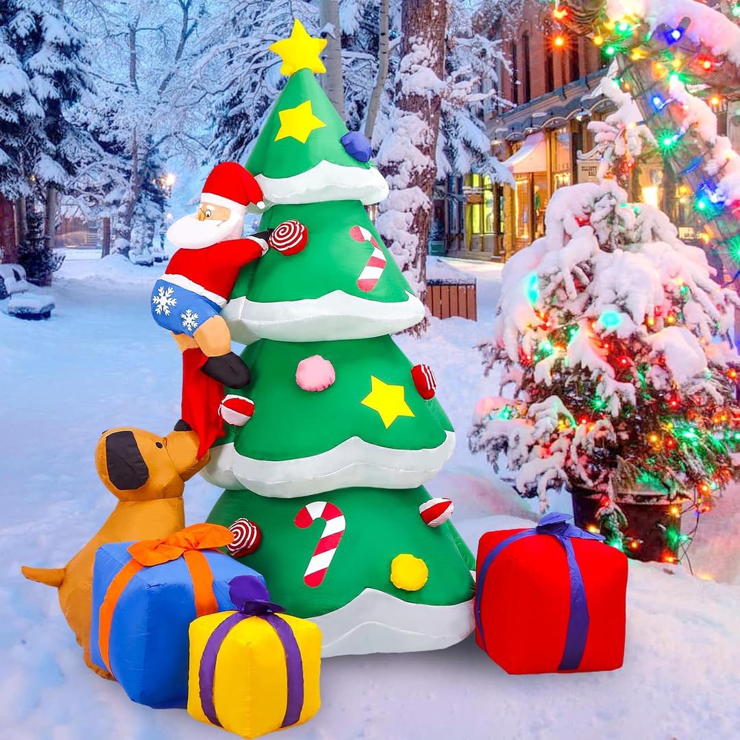 Aoibox 7FT Inflatables Lighted Christmas Tree, Dog Chasing Santa Claus, Blow Up Cute Funny Indoor Outdoor Xmas Decor Lawn Yard Garden Decorations