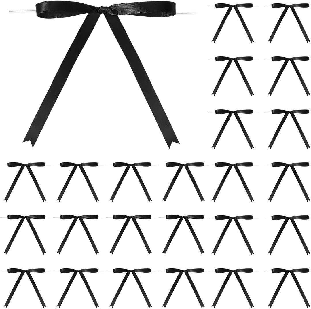 Riceshoot Bows 5 x 7 Inches Twist Tie Ribbon Bows for Cake 24 Pcs Ribbon Bow for Gift Wrapping Balloons Treat Bags Birthday Party Favors DIY Wedding Craft Shower Decor (Black)