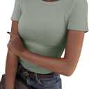 Roselux Women Crew Neck Ribbed Fitted Tight Tshirt Short Sleeve Shirt Basic Knit Top (Large, Sage Green)