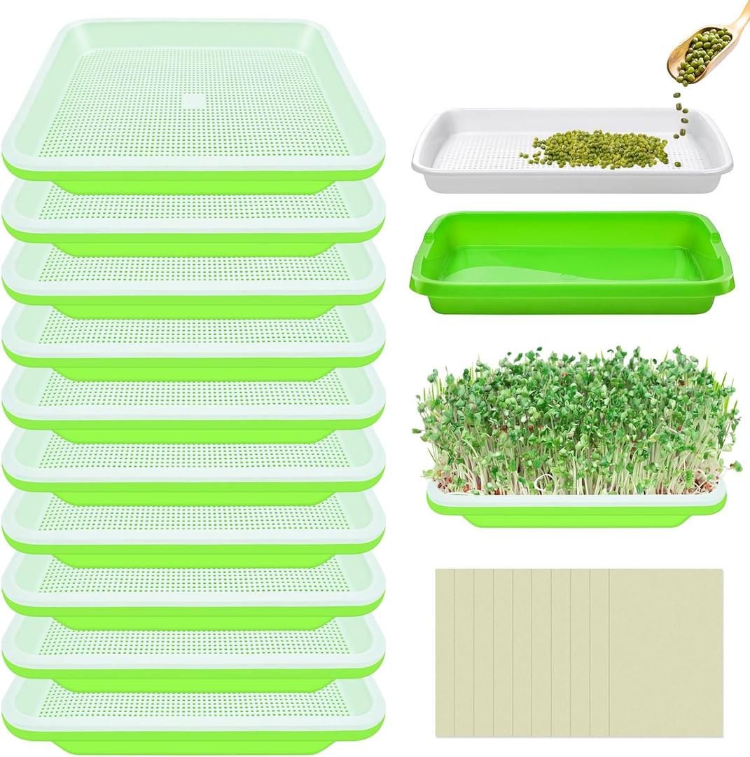 Legigo 10 Pack Green Seed Sprouter Trays- Soil-Free Cultivation Germination Tray, BPA Free Nursery Tray with Planting Paper for Indoors or Outdoors Sprouting Seeds, Grow Grass, Beans (Without Lids)
