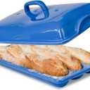 Baguette Pan with Lid for French Bread  3 Slot Blue Bread Baker Tray  Ceramic Baguette Mold for Sub Rolls, Hoagie, Italian Loaf  Easy-Lift Handle & Vented Crisp Crust Baking