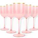 Blue Sky Pink Plastic Wine Glasses With Gold Rim - 12oz (5-Pack) Reusable, Disposable Cups for Parties and Events