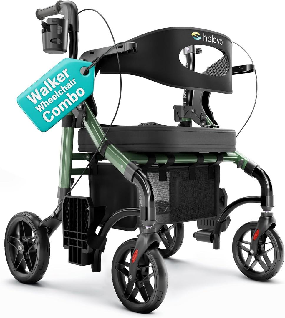 Helavo Wide 2 in 1 Walker Wheelchair Combo with 10" All Terrain Wheels, Lightweight Rollator Transport Chair Combo, 300 lbs Load Capacity with Adjustable Height