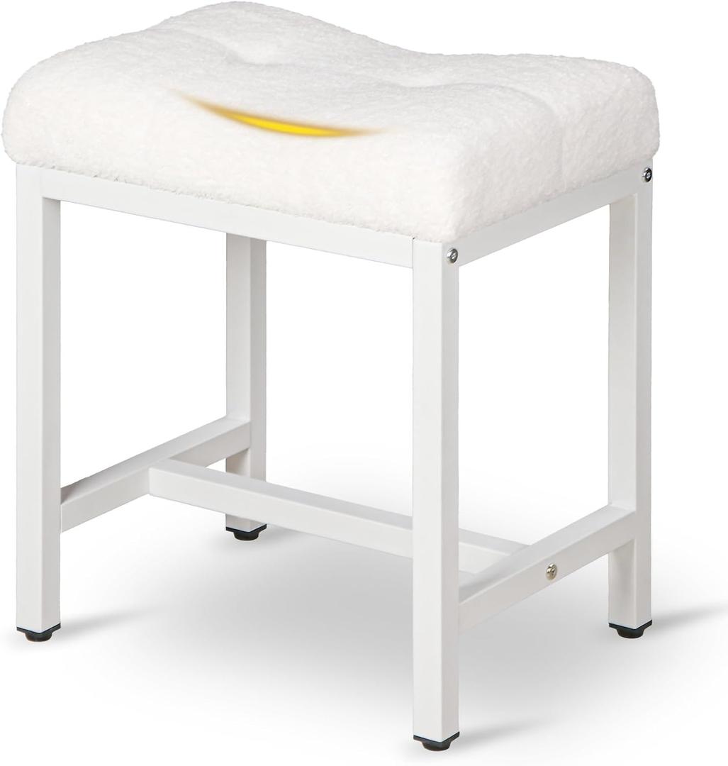 Vanity Stool, Saddle Seat Makeup Stool Chair with Metal Leg, U-Shaped Teddy Velvet Ottoman Foot Rest Stool, Small Square Chairs Under Desk for Vanity, Modern Makeup Bench White