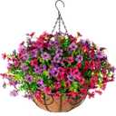HyeFlora Artificial Faux Hanging Plants Flowers Basket for Spring Summer Outdoor Outside Decoration, Fake Silk Colorful Daisy Eucalyptus in Planter UV Resistant Realistic for Porch Patio Balcony Yard