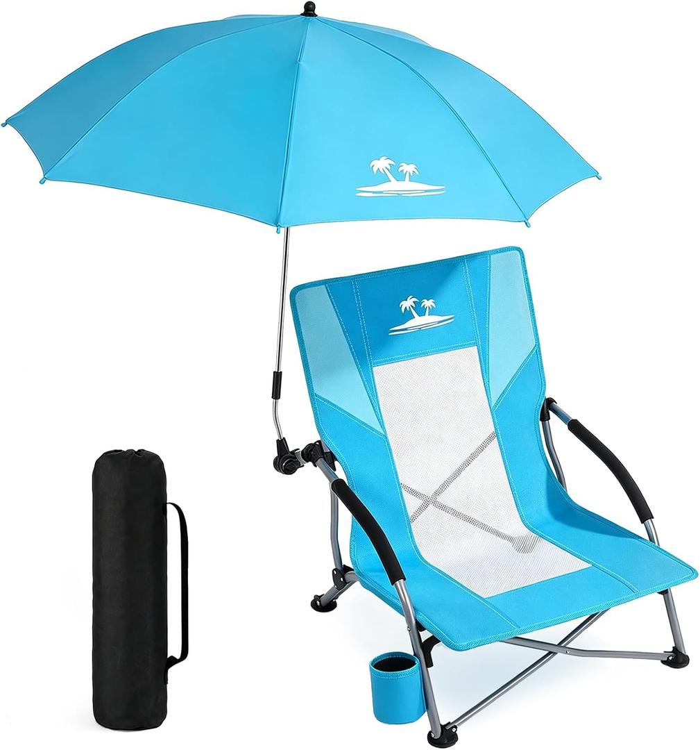 Folding Beach Chair for Adults with UPF 50+ Umbrella, Lightweight Low Beach Chair with Mesh Back, Portable Camping Chair with Carry Bag for Outdoor Beach Lawn Camping, 300lbs Capacity(Blue), 1 Pcs