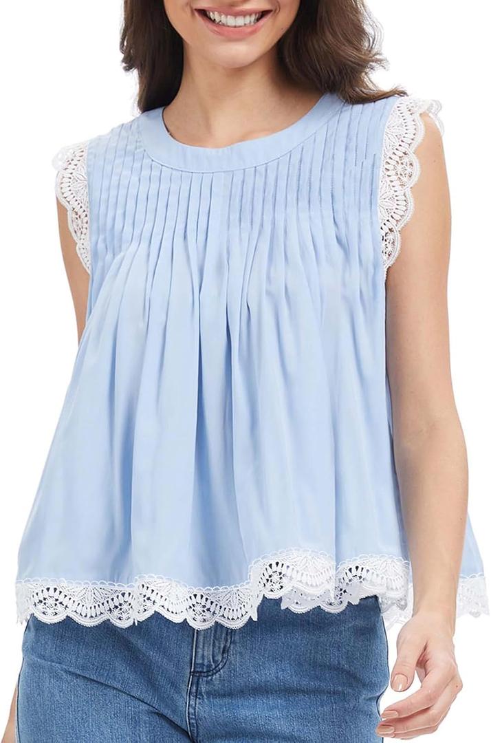 Womens 2026 Summer Peplum Top Sleeveless Ruffled Lace Trim Round Neck Y2K Babydoll Going Out Tops (Blue) L