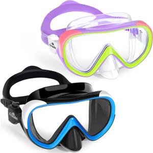 Freela Kids Swimming Goggles for 4-16 with Nose Cover, Anti-Fog No Leakage Swim Mask 180 Clear Vision Beach Pool Goggles (Purple & Blue Black)